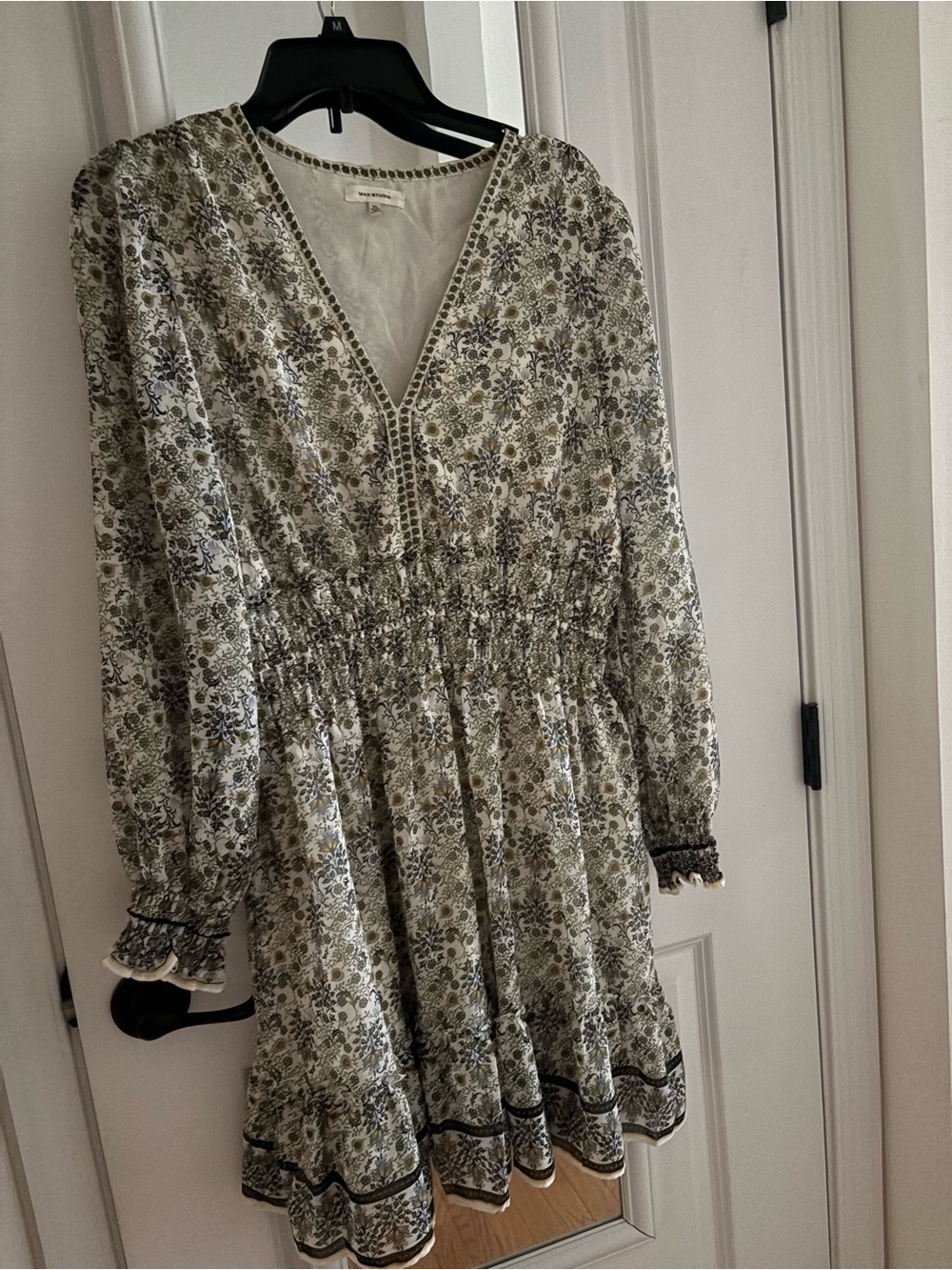 Max Studio Olive and White Floral Long Sleeve Smocked Dress